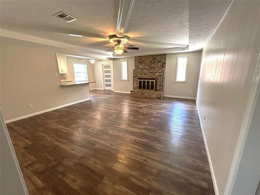 Empty room, Fireplace, Interior, Stone Walls, Wood Texture Flooring