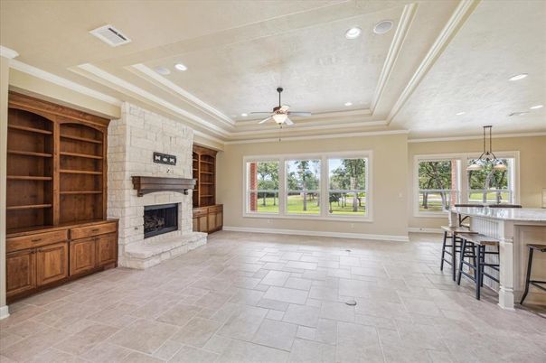 Fireplace, Interior, Pendant Lights, Recessed Lighting, Stone Walls