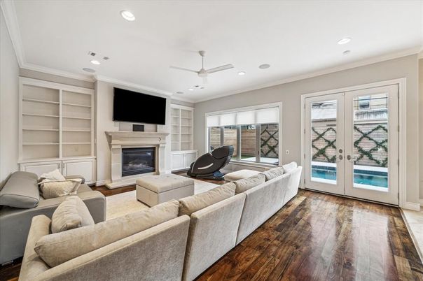Fireplace, Interior, Living room, Recessed Lighting, Wood Texture Flooring