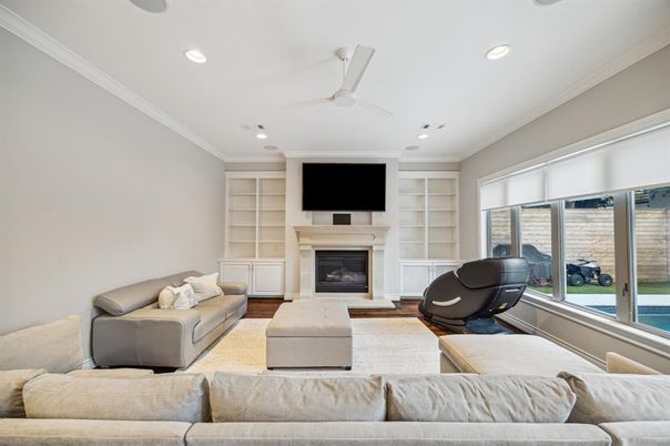 Fireplace, Interior, Living room, Recessed Lighting, Wood Texture Flooring