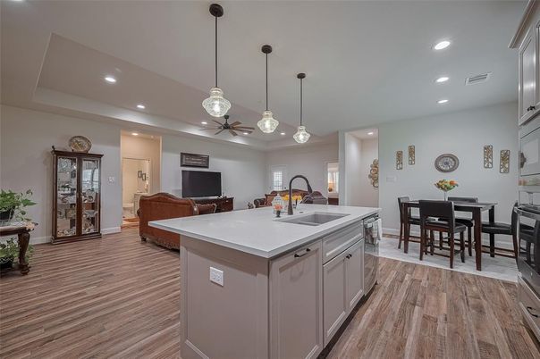 Dining room, Interior, Kitchen, Pendant Lights, Recessed Lighting, Wood Texture Flooring