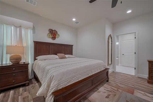 Bedroom, Interior, Recessed Lighting, Wood Texture Flooring