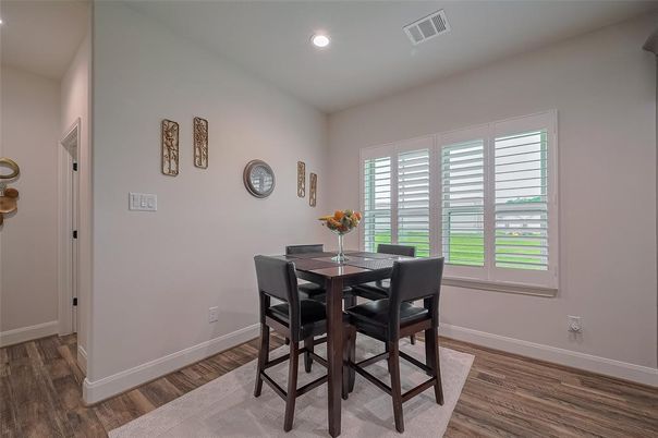 Dining room, Interior, Recessed Lighting, Wood Texture Flooring
