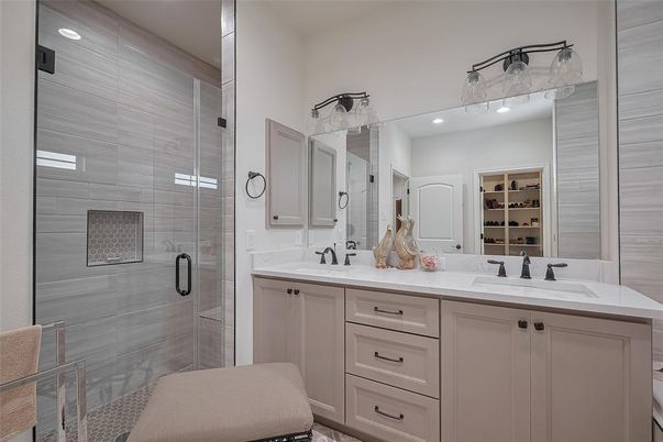 Bathroom, Dual Sink Vanities, Glass Shower, Interior, Recessed Lighting