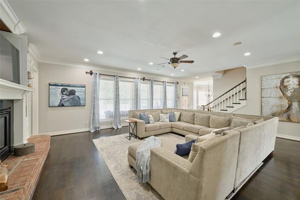 Fireplace, Interior, Living room, Recessed Lighting, Wood Texture Flooring
