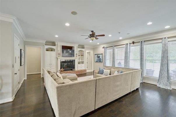 Fireplace, Interior, Living room, Recessed Lighting, Wood Texture Flooring