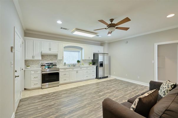 Interior, Kitchen, Recessed Lighting, Stainless Steel Appliances, Wood Texture Flooring