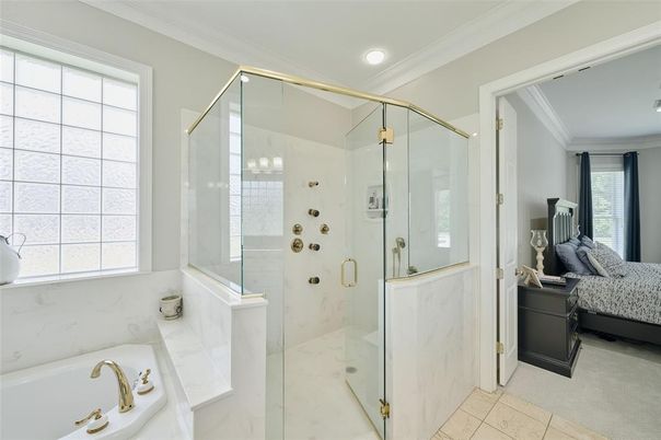 Bathroom, Glass Shower, Interior, Marble Walls, Recessed Lighting