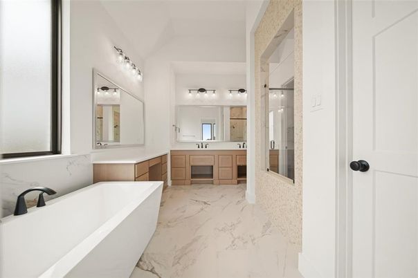Bathroom, Dual Sink Vanities, Free Standing Baths, Glass Shower, Interior, Marble