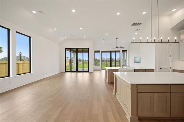 Empty room, Interior, Kitchen, Pendant Lights, Recessed Lighting, Wood Texture Flooring