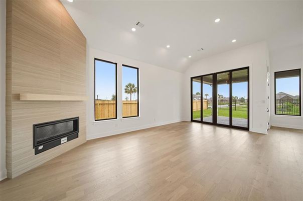 Empty room, Fireplace, Interior, Recessed Lighting, Wood Texture Flooring