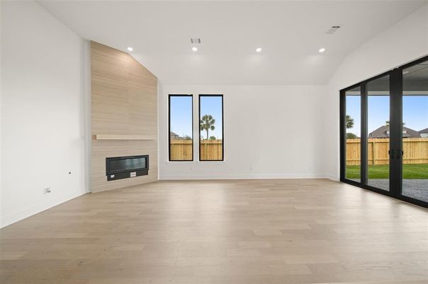 Empty room, Fireplace, Interior, Recessed Lighting, Wood Texture Flooring