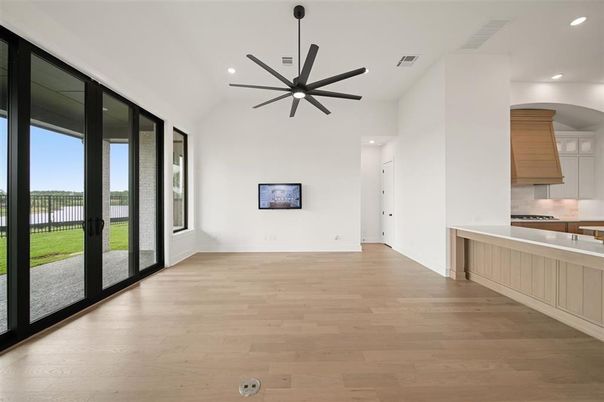 Empty room, Interior, Pendant Lights, Recessed Lighting, Wood Texture Flooring