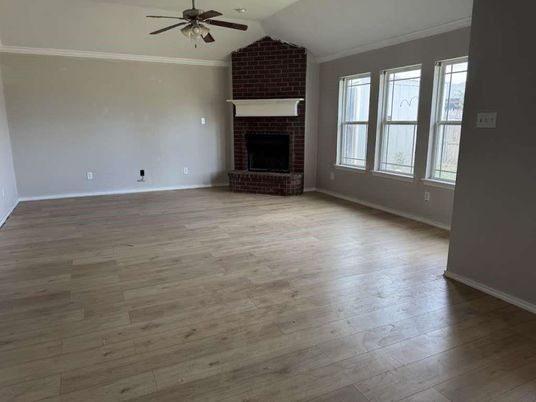 Empty room, Fireplace, Interior, Stone Walls, Wood Texture Flooring