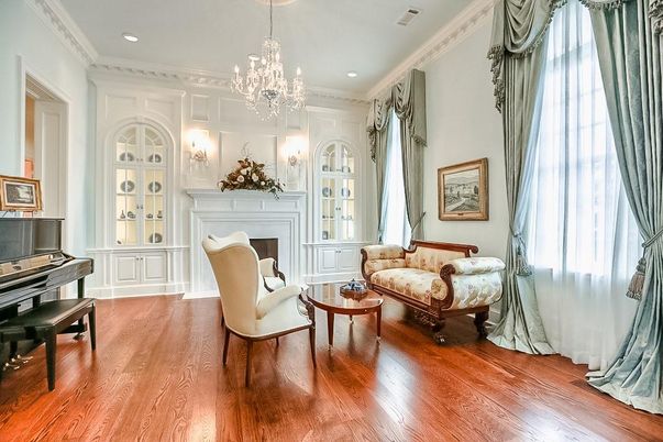 Chandelier, Fireplace, Interior, Piano, Recessed Lighting, Wood Texture Flooring