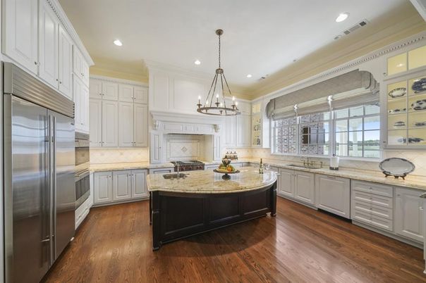 Chandelier, Interior, Kitchen, Recessed Lighting, Stainless Steel Appliances, Wood Texture Flooring