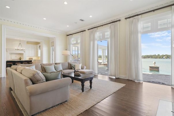 Interior, Kitchen, Living room, Pendant Lights, Recessed Lighting, Water, Wood Texture Flooring