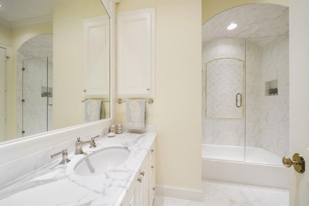 Bathroom, Glass Shower, Interior, Marble, Marble Walls, Recessed Lighting