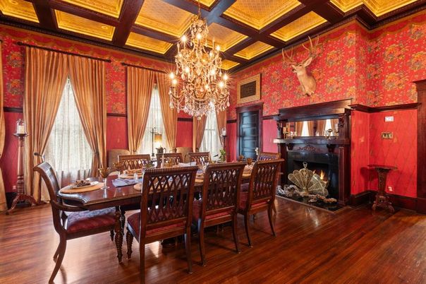 Chandelier, Dining room, Fireplace, Interior, Wooden Beams, Wood Texture Flooring