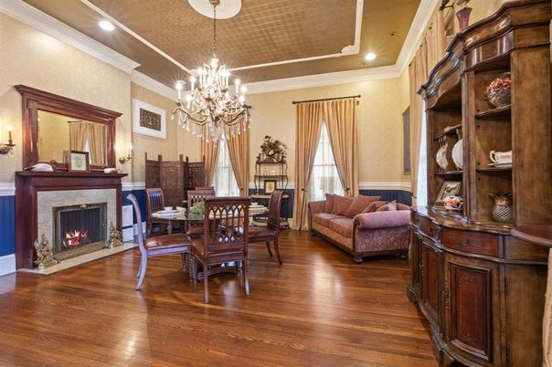 Chandelier, Dining room, Fireplace, Interior, Recessed Lighting, Wood Texture Flooring