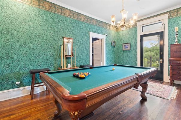 Billiard Table, Chandelier, Game Room, Interior, Wood Texture Flooring
