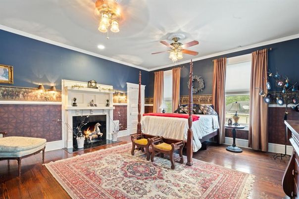 Bedroom, Fireplace, Interior, Recessed Lighting, Wood Texture Flooring