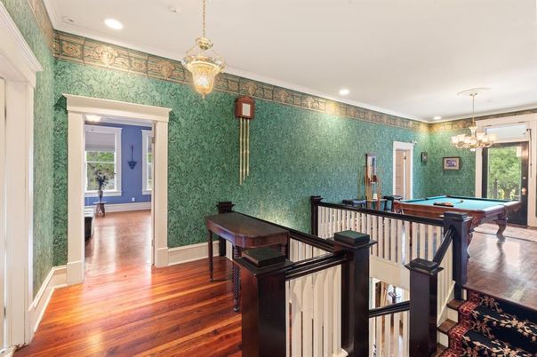 Billiard Table, Chandelier, Game Room, Interior, Pendant Lights, Recessed Lighting, Wood Texture Flooring