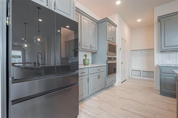 Interior, Kitchen, Pendant Lights, Recessed Lighting, Stainless Steel Appliances, Wood Texture Flooring