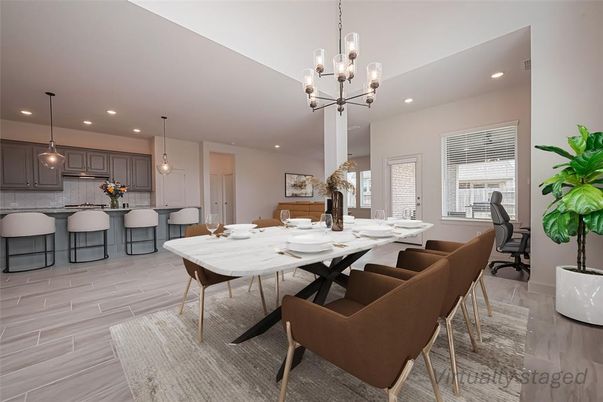 Dining room, Interior, Kitchen, Pendant Lights, Recessed Lighting, Wood Texture Flooring