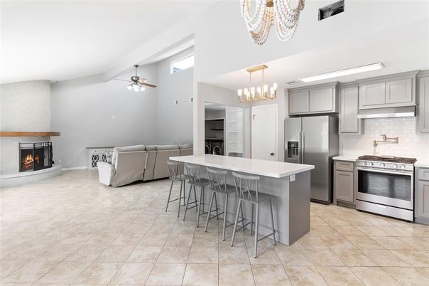 Fireplace, Interior, Kitchen, Living room, Pendant Lights, Stainless Steel Appliances