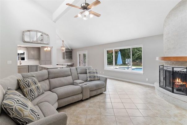 Dining room, Fireplace, Interior, Kitchen, Living room, Pendant Lights, Stainless Steel Appliances
