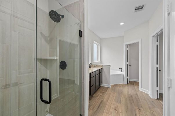 Bathroom, Glass Shower, Interior, Recessed Lighting, Wood Texture Flooring