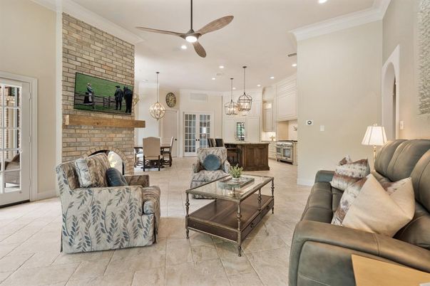 Dining room, Fireplace, Interior, Kitchen, Living room, Pendant Lights, Recessed Lighting, Stainless Steel Appliances, Stone Walls