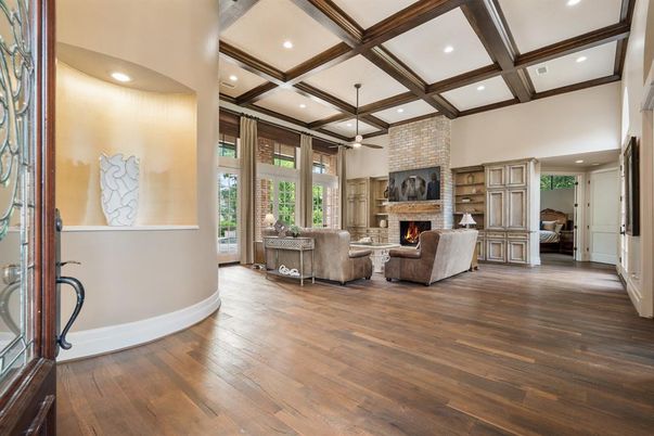 Fireplace, Interior, Living room, Recessed Lighting, Stone Walls, Wooden Beams, Wood Texture Flooring