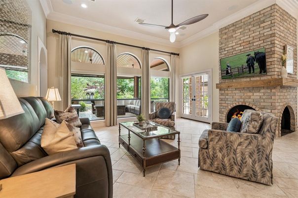 Fireplace, Interior, Living room, Recessed Lighting, Stone Walls