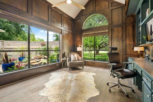 Home Office, Interior, Recessed Lighting, Wood Texture Flooring, Wooden Walls