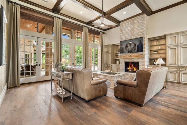Fireplace, Interior, Living room, Pendant Lights, Recessed Lighting, Stone Walls, Wooden Beams, Wood Texture Flooring