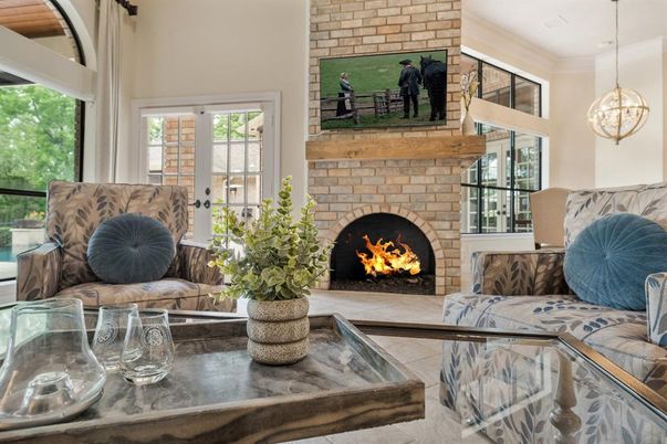 Fireplace, Interior, Pendant Lights, Stone Walls