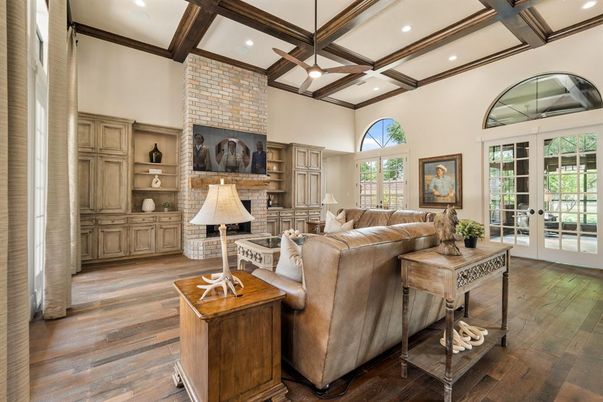 Fireplace, Interior, Living room, Recessed Lighting, Stone Walls, Wooden Beams, Wood Texture Flooring