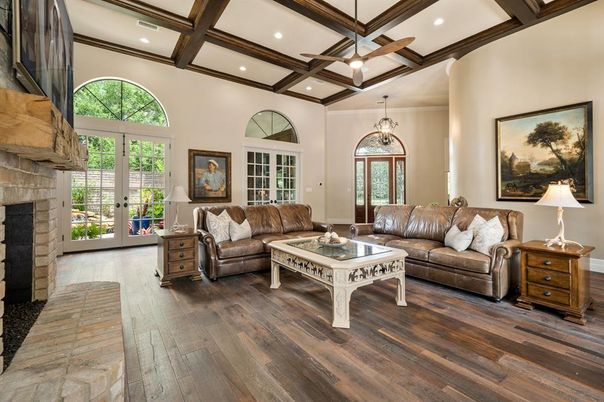 Chandelier, Fireplace, Interior, Living room, Recessed Lighting, Wooden Beams, Wood Texture Flooring