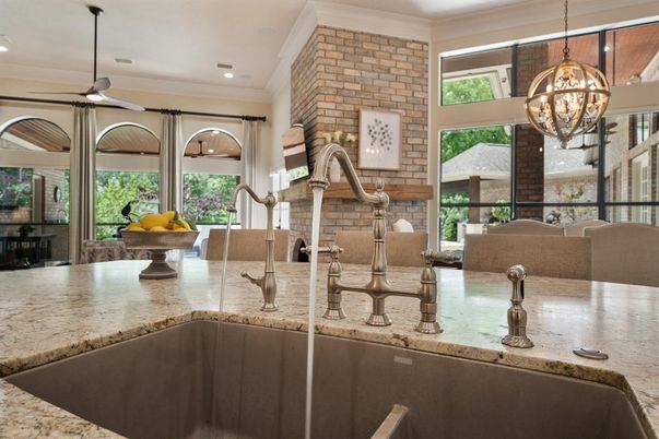 Chandelier, Dining room, Interior, Pendant Lights, Recessed Lighting, Stone Walls