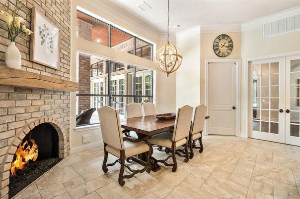 Chandelier, Dining room, Fireplace, Interior, Pendant Lights, Stone Walls