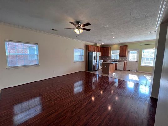 Empty room, Interior, Kitchen, Recessed Lighting, Wood Texture Flooring