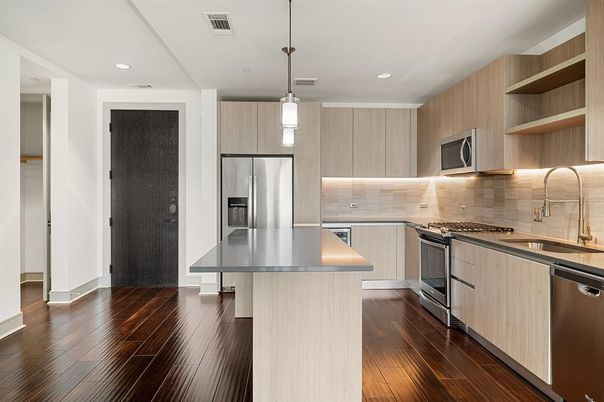 Interior, Kitchen, Pendant Lights, Recessed Lighting, Stainless Steel Appliances, Wood Texture Flooring