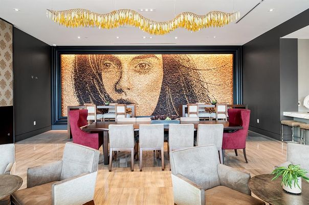 Dining room, Interior, Recessed Lighting, Wood Texture Flooring