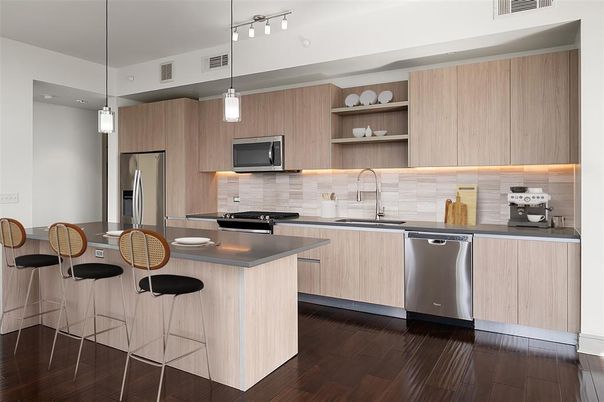 Interior, Kitchen, Pendant Lights, Recessed Lighting, Stainless Steel Appliances, Wood Texture Flooring