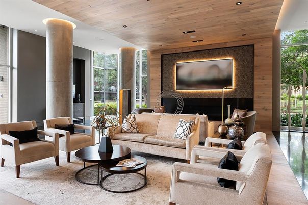 Fireplace, Interior, Living room, Recessed Lighting, Wooden Ceilings, Wooden Walls