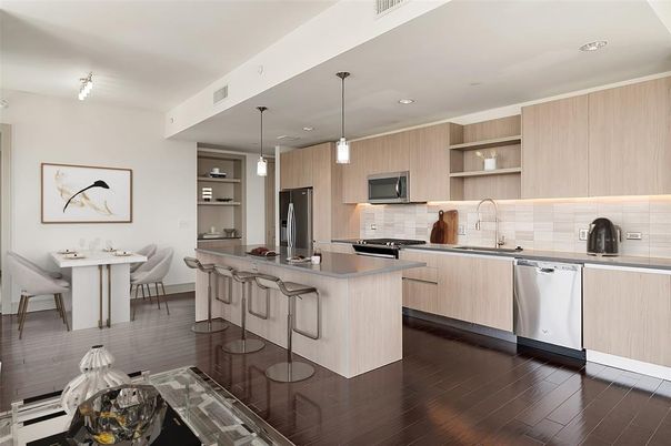 Dining room, Interior, Kitchen, Pendant Lights, Recessed Lighting, Stainless Steel Appliances, Wood Texture Flooring