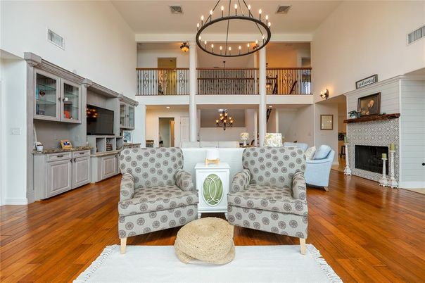 Chandelier, Fireplace, Interior, Pendant Lights, Recessed Lighting, Wood Texture Flooring