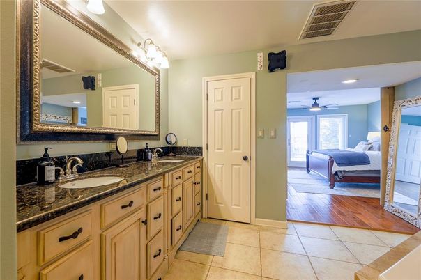 Bathroom, Bedroom, Dual Sink Vanities, Interior, Recessed Lighting, Wood Texture Flooring